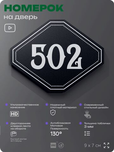 Номерок на дверь квартиры 502, для кабинета, офиса, шильдик 9 х 7 см, черный, Айдентика Технолоджи