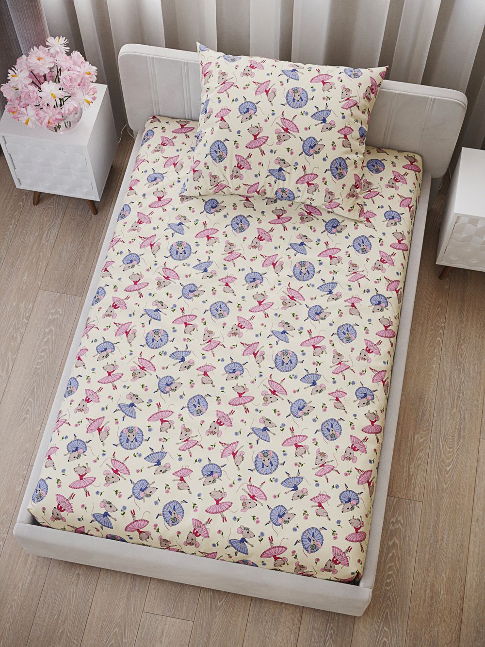 Постельное белье перкаль Сказка "Мышки-балеринки" 1,5-сп Наволочка 50х70 см 1 шт Простынь на резинке 90x200 см Пододеяльник 145x215 см