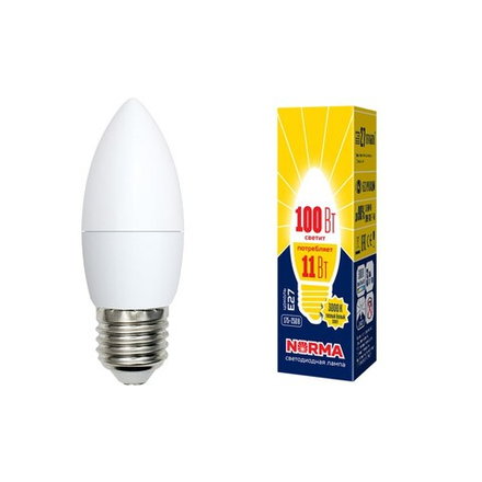 LED-C37-11W-WW-E27-FR-NR Лампа светодиодная. Форма свеча. матовая. Серия Norma. Теплый белый свет 3000K. Картон. ТМ Volpe