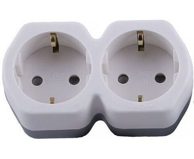 Разветвитель двойник для розетки сетевой с заземлением плоский белый/серый, 250В, 16A, Stekker ADP16-12-20 32870
