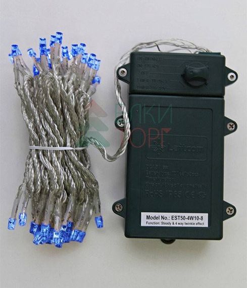 Светодиодная гирлянда 5 м., 3 батарейки типа D 4.5V, 50 LED ламп синего цвета, таймер, прозрачный провод, LTC (EST50-4W10-8B)
