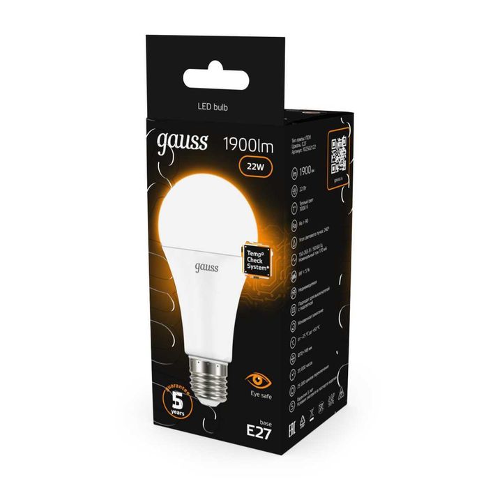 Лампа светодиодная Gauss E27 22W 3000К матовая 102502122