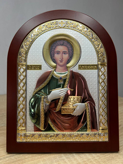 Пантелеймон, икона арочная, красное дерево, эмаль 175х225