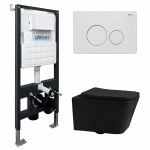 Унитаз подвесной Abber Rechteck AC1201MB-AC0105-AC0121MW черный матовый, безободковый, с инсталляцией, с крышкой микролифт, с белой матовой кнопкой
