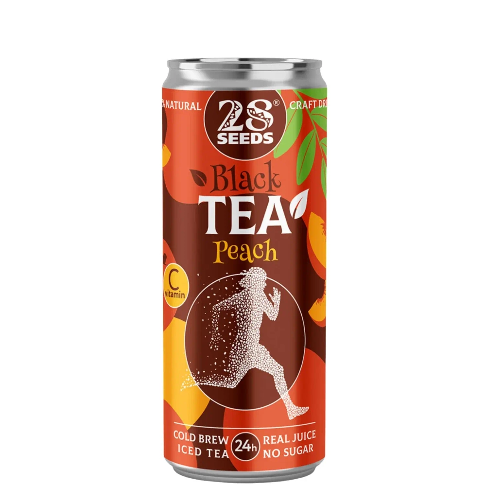 Черный чай «Колд брю» Персик 28SEEDS, холодный чай в алюминиевой банке, вид спереди