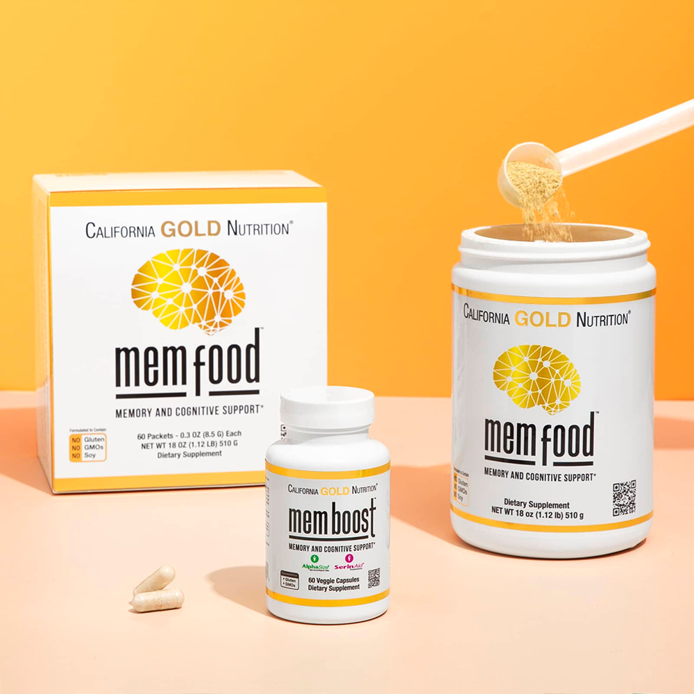 California Gold Nutrition, MEM Food, добавка для поддержки памяти и когнитивных функций со смесью MEM, L-серином, органическим ежовиком гребенчатым и порошком из сока голубики, 60 пакетиков по 8,5 г (0,3 унции)