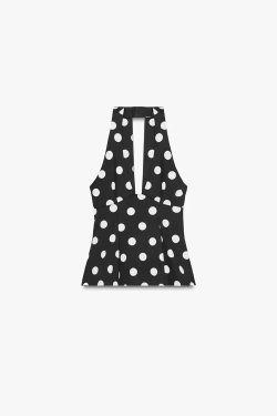 ZARA ТОП В ГОРОШЕК С ГОРЛОВИНОЙ ХАЛТЕР И БАНТОМ НА СПИНЕ, ЧЕРНЫЙ/БЕЛЫЙ