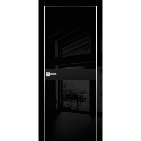 Фото межкомнатной двери экошпон Profilo Porte HGX-13 чёрный глянец с алюминиевой кромкой с 4-х сторон стекло Matelac чёрный