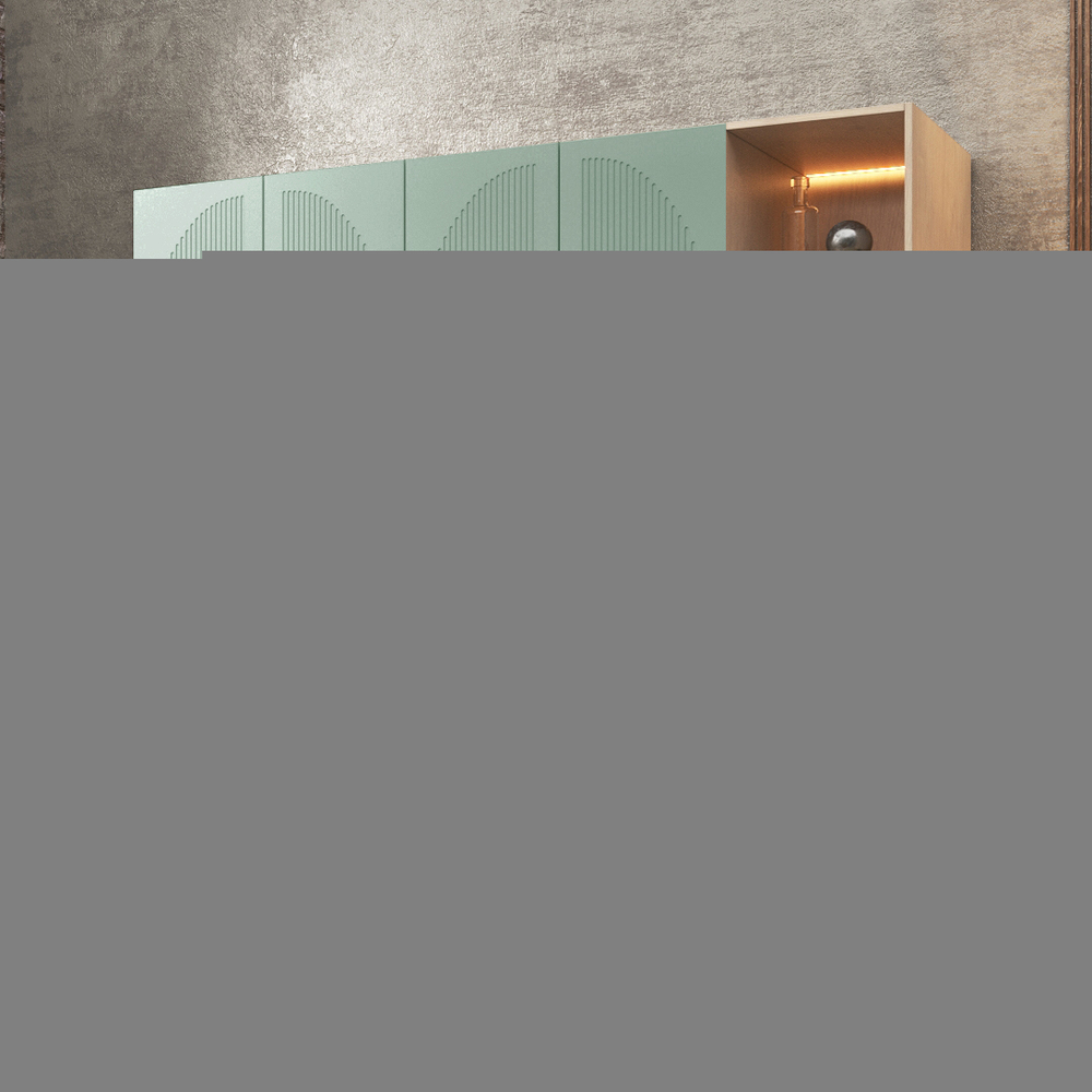 Шкаф Агератум МДФ четырехсекционный с стеллажом Лайн шалфей (0,27) А10024 матовая - Дуб Сонома 3025  230*60*240