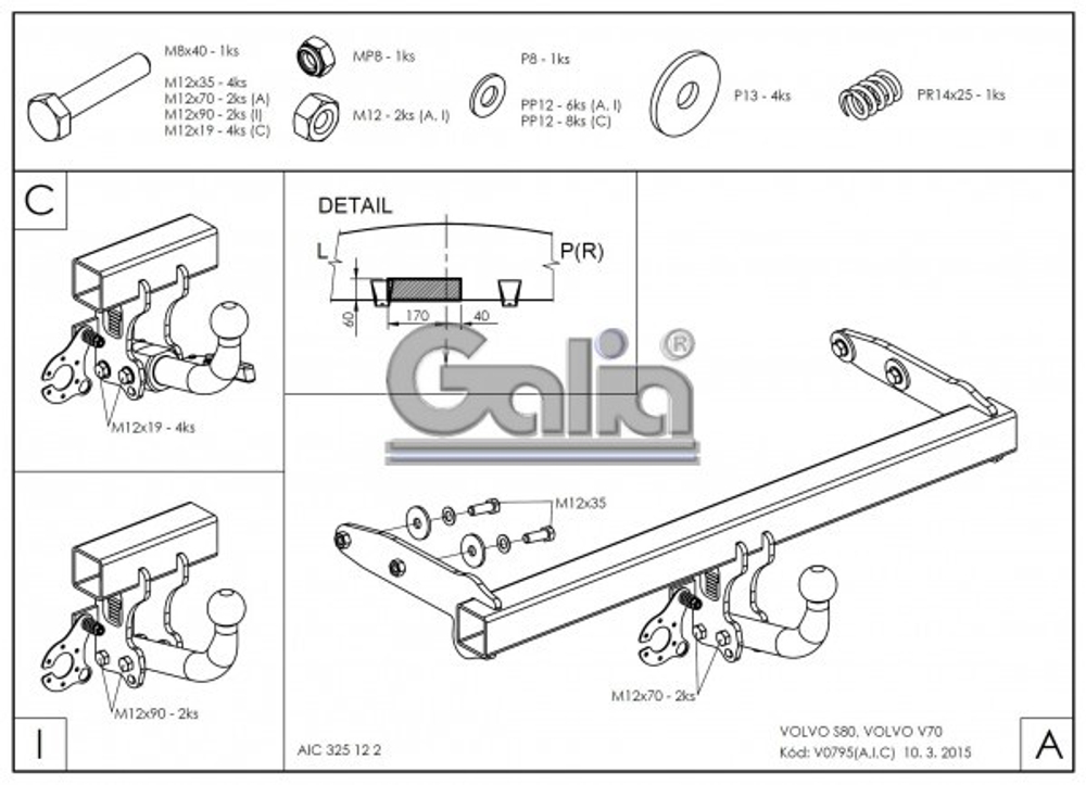 Фаркоп оцинкованный Galia V079C для Volvo S80 2006-2010, Volvo V70 2007-2016(паспорт и сертификат в комплекте)(без электрики)