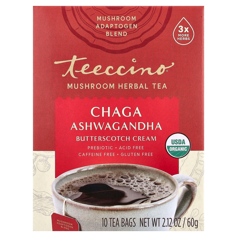 Teeccino, грибной травяной чай, чага и ашваганда, крем из ириски, без кофеина, 10 чайных пакетиков, 60 г (2,12 унции)