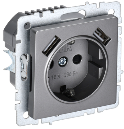 BRITE Розетка 1-местная с заземлением с защитными шторками 16А с USB A+A 5В 2,1А РЮш10-1-БрС сталь IEK