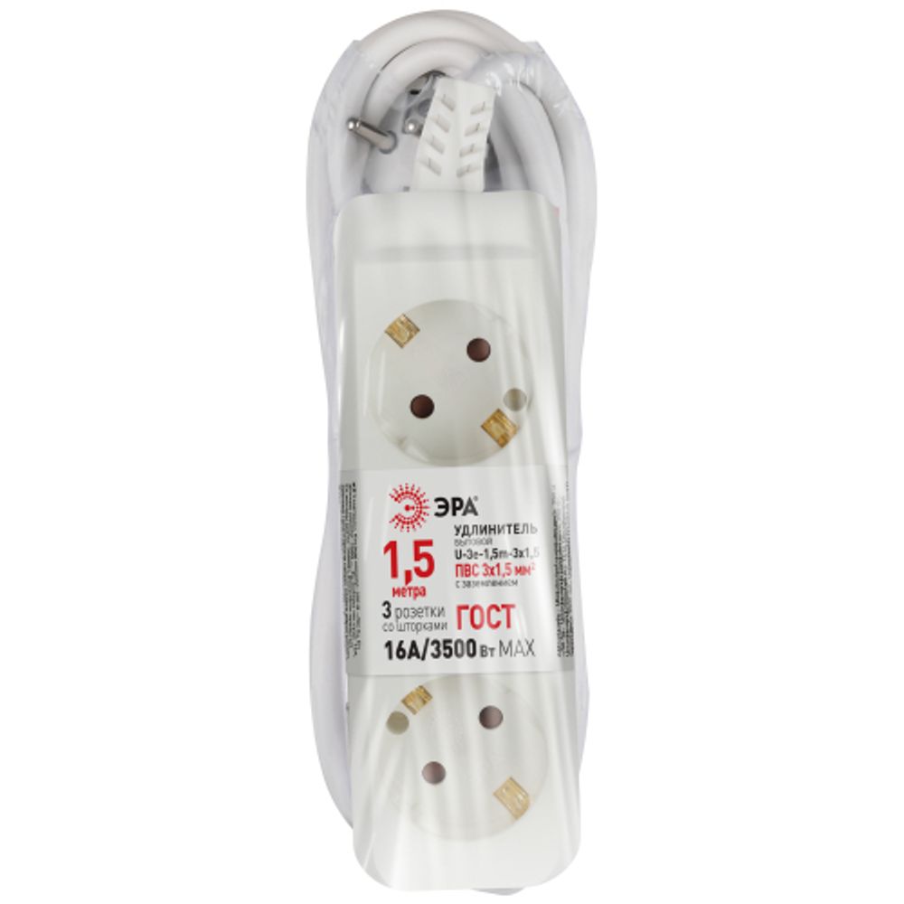 Удлинитель электрический ЭРА U-3e-1,5m-3x1,5 с заземлением 3 розетки 1,5м ПВС 3x1,5мм2 16А | Бытовые удлинители