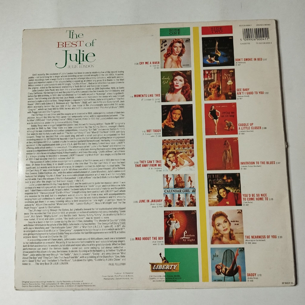 Винтажная виниловая пластинка LP The Best Of Julie London (UK 1984)