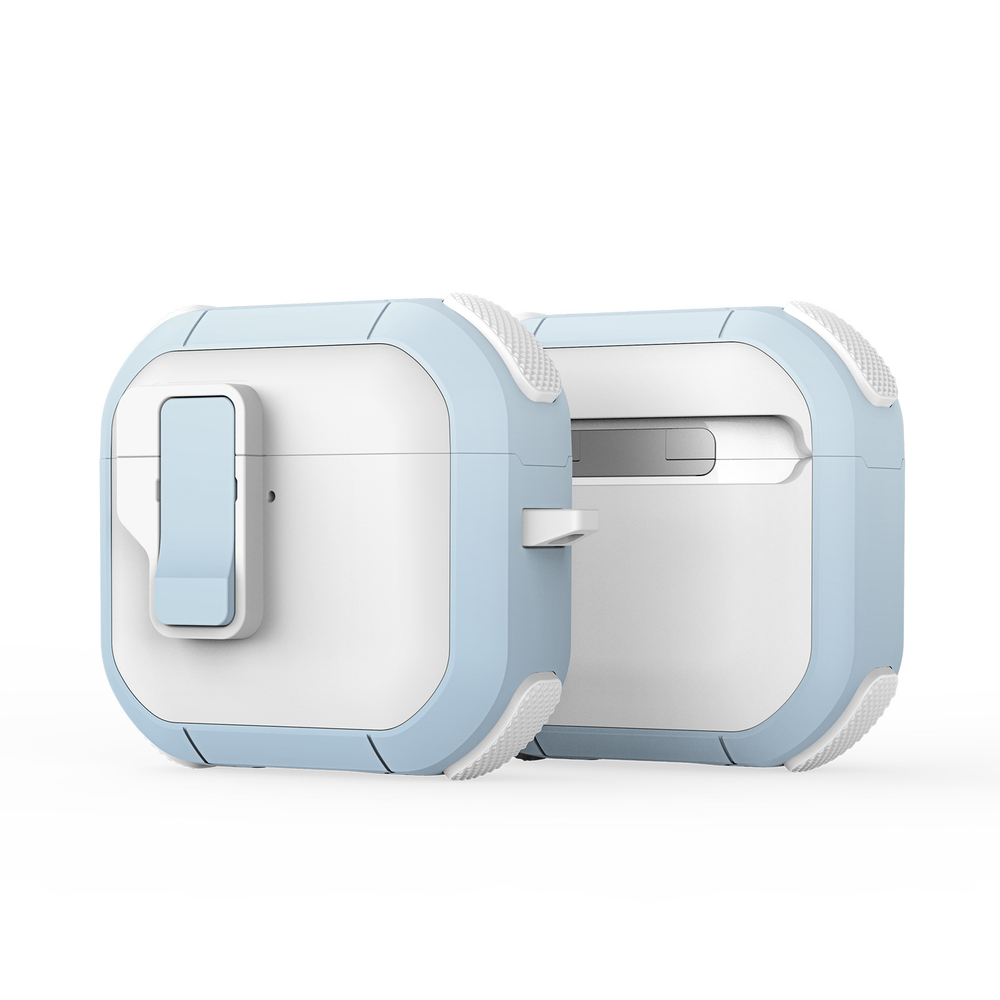 Усиленный чехол белый с синими вставками от Dux Ducis для наушников AirPods 4, серия PECP Series Case, в комплекте с карабином