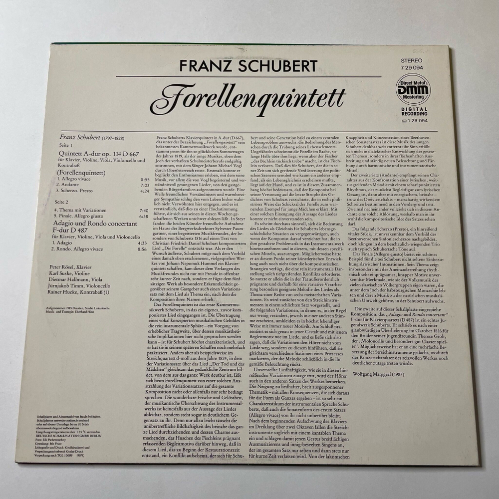 Винтажная виниловая пластинка LP Franz Schubert Франц Шуберт Gewandhausquartett Leipzig, Peter Rosel Forellenquintett (ГДР 1989)
