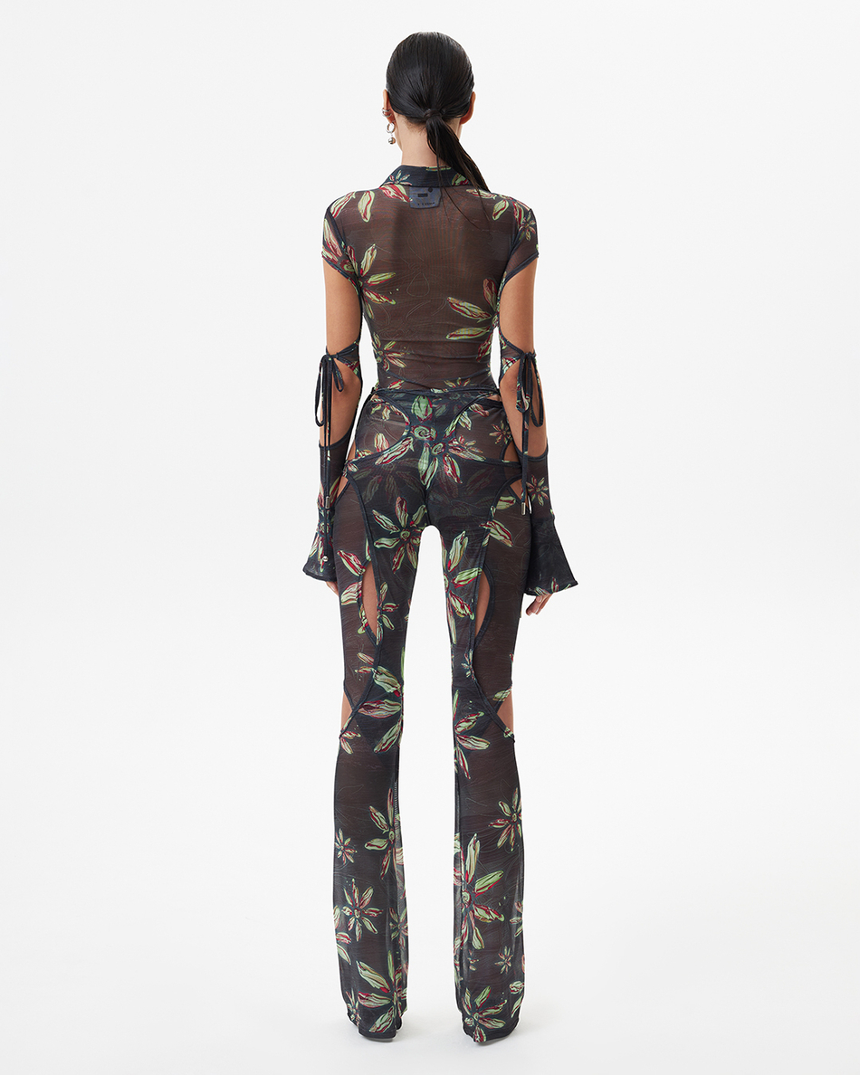 BLACK FLORAL MESH TROUSERS