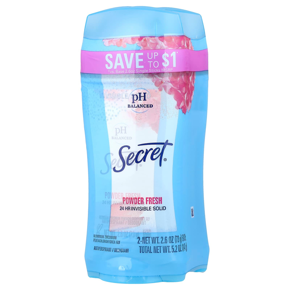 Secret, незаметный твердый антиперспирант/дезодорант со сбалансированным уровнем pH, освежающий в порошке, двойная упаковка, 73 г (2,6 унции) в каждой