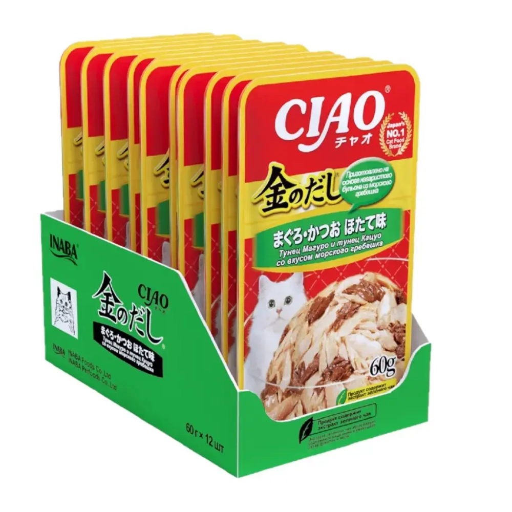 Inaba ciao kinnodashi влажный корм тунец магуро и тунец кацуо со вкусом морскогогребешка. дополнительный рацион для кошек 60г