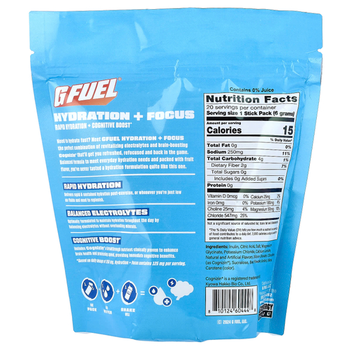G FUEL, Hydration + Focus, смесь для приготовления электролитического напитка с Cognizin®, персик, 20 пакетиков-стиков по 6 г (0,21 унции)