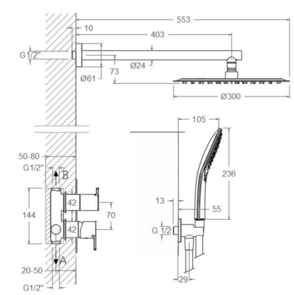 Душевая термостатическая система без излива с регулировкой высоты BLAUTHERM 941512RM300