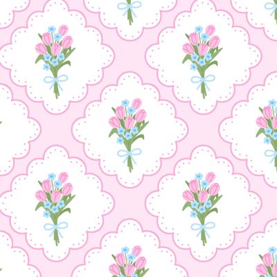 Тюльпаны и незабудки букет с бантиком на розовом фоне