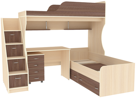 Двухъярусная кровать КарИВи Дуэт-5 с лестницей Комод КарИВиом  Дуб Молочный Бодего Темный