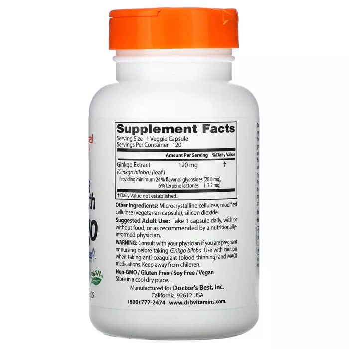 Усиленный гинкго 120 мг, Extra Strenght Ginkgo 120 mg, Doctor&#39;s Best, 120 вегетарианских капсул 2