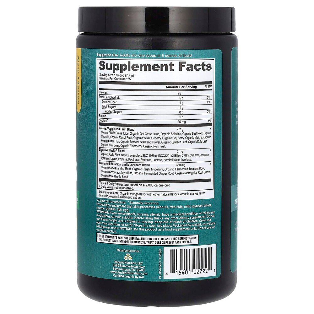 Ancient Nutrition, Органическая суперзеленая, манго, 192,8 г (6,8 унции)