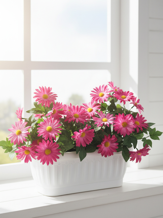 Хризантемы искусственные малиновые в балконном ящике