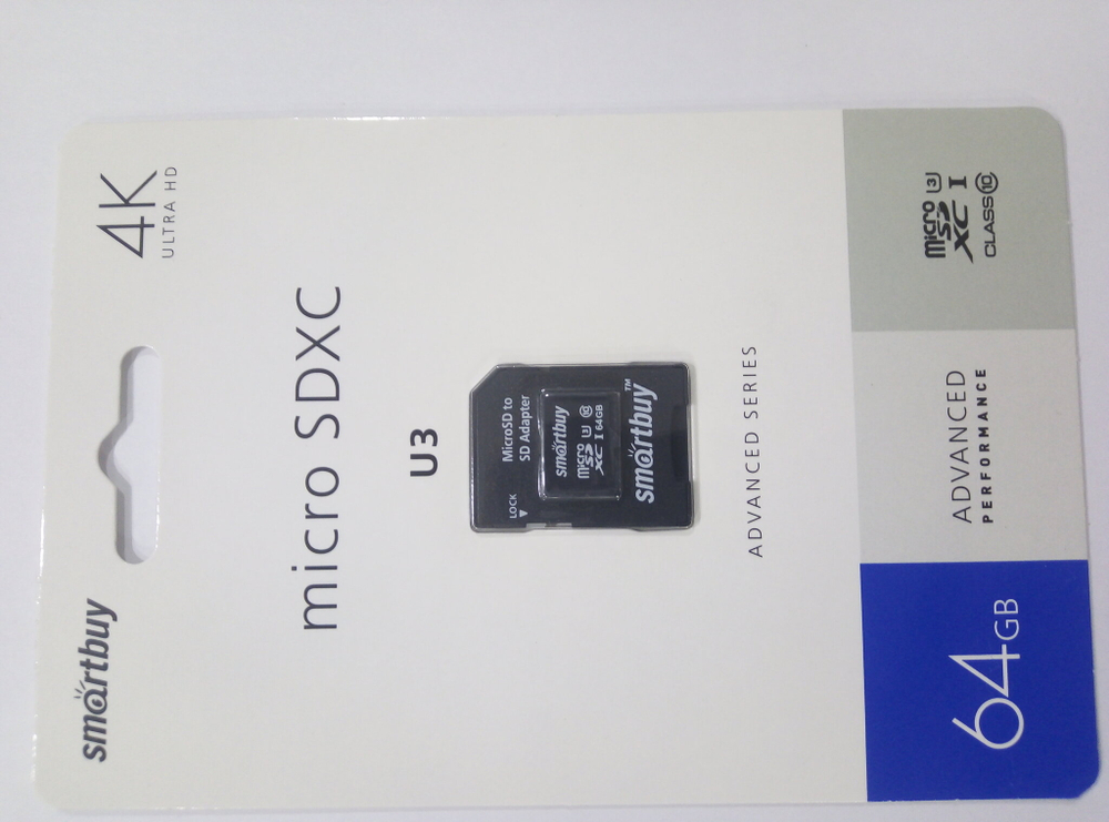Карта памяти MicroSDXC 64GB Smart Buy Сlass 10  Advanced U3 V30 A1 (55/90 Mb/s)+ SD адаптер