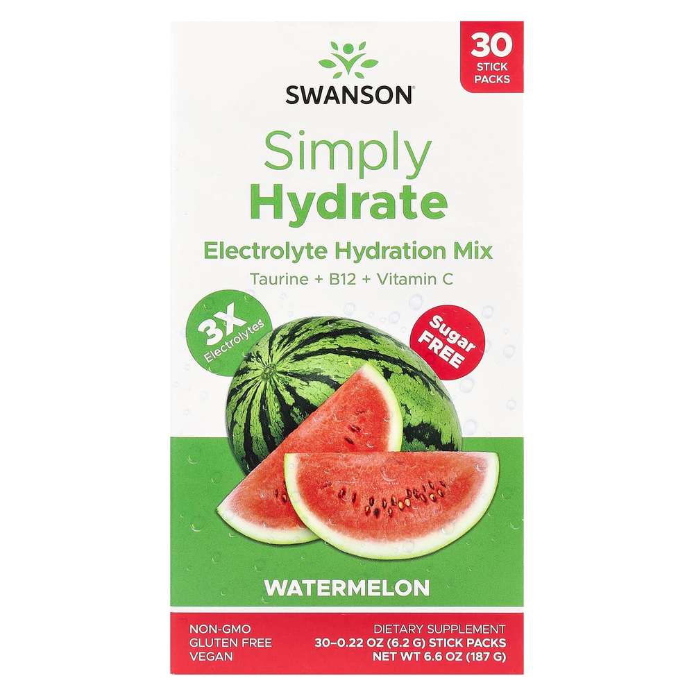 Swanson, Simply Hydrate, смесь для гидратации электролитов, арбуз, 30 пакетиков в стиках по 6,2 г (0,22 унции)