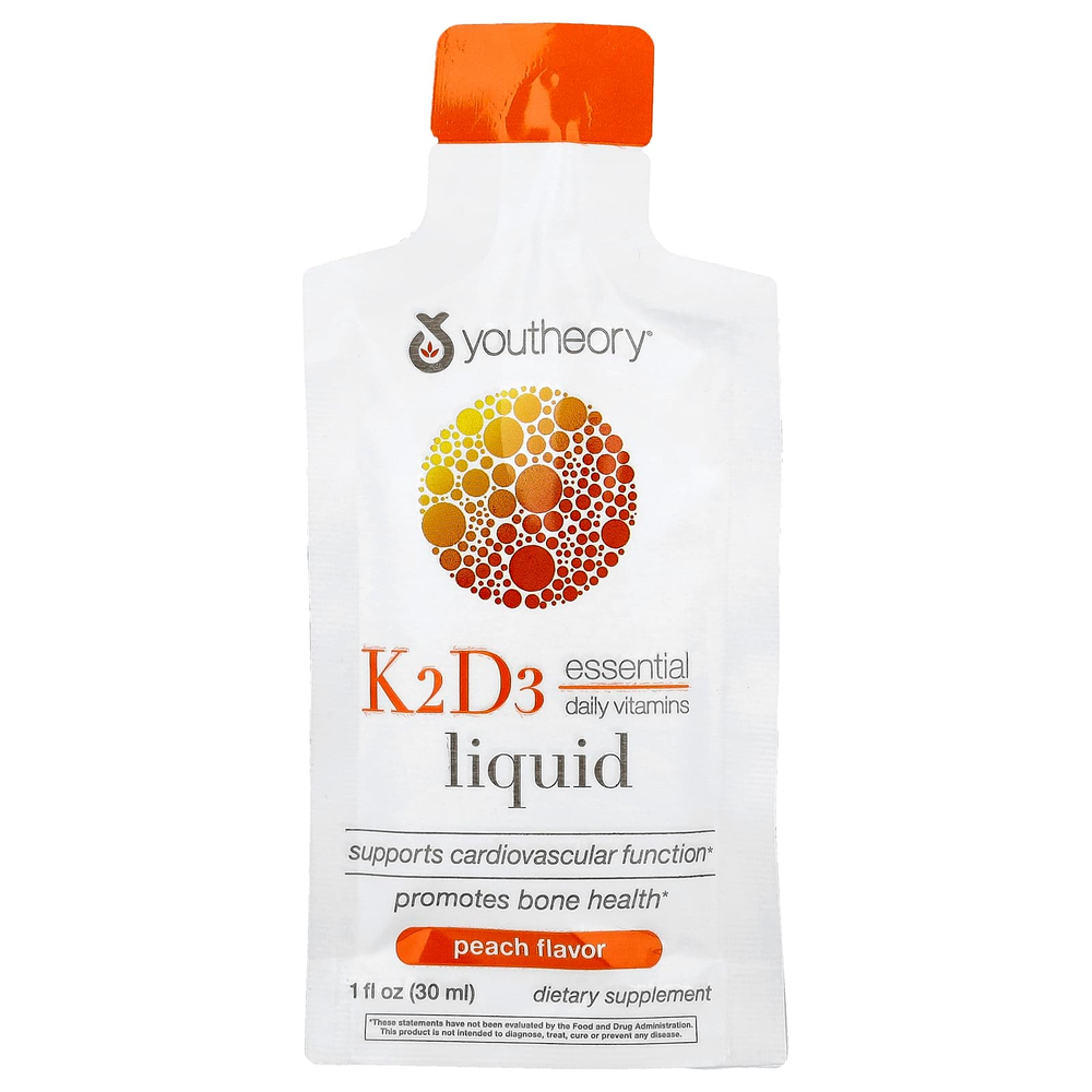 Youtheory, Liquid K2 D3 On Th Go, персик, 12 пакетиков по 30 мл (1 жидк. Унция)