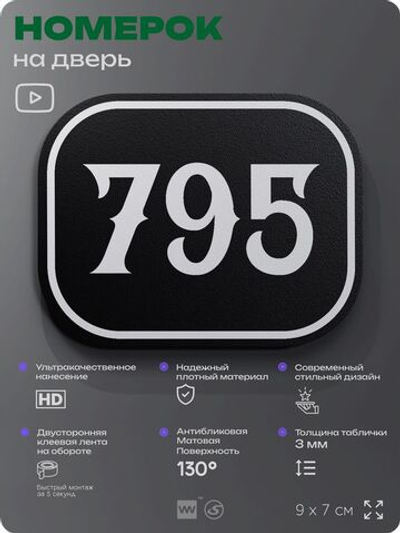 Номерок на дверь квартиры 795, для кабинета, офиса, шильдик 9 х 7 см, черный, Айдентика Технолоджи
