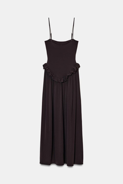 ZARA ОБЪЕМНОЕ ПЛАТЬЕ С БАСКОЙ, ТЕМНО-КОРИЧНЕВЫЙ