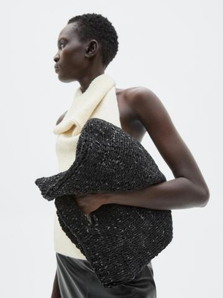 Massimo Dutti Большая кожаная сумка, связанная крючком - Limited Edition, черный