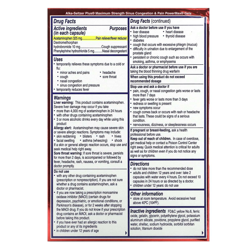 Alka-Seltzer Plus, Гели от заложенности носовых пазух и боли PowerMax, максимальная эффективность, 24 жидких геля