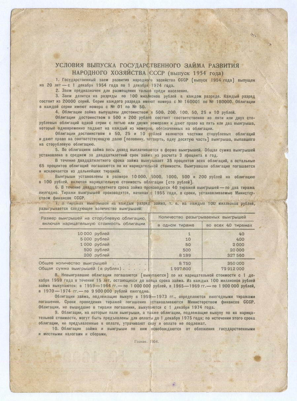 Облигация 100 рублей 1954 год. Серия № 169948. VG-F