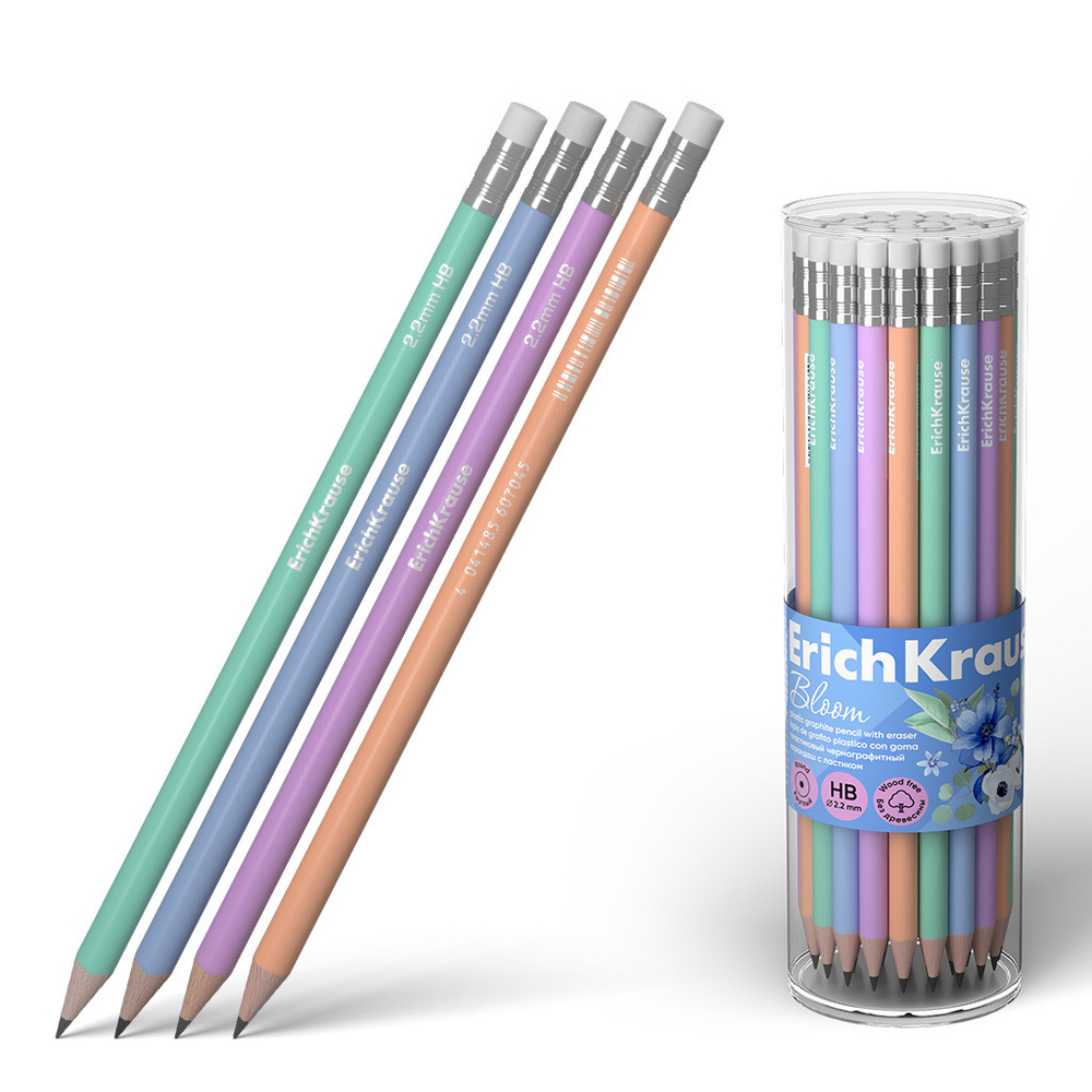 Карандаш JOY Pastel Bloom HB с ластиком, круглый, пластиковый,тубус