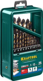 KRAFTOOL COBALT 25шт(1-13мм), Набор сверл по металлу HSS-Co(8%), сталь М42(S2-10-1-8)