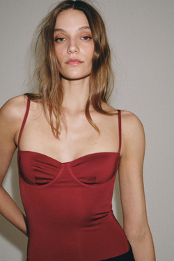 ZARA КРУЖЕВНОЕ БОДИ ИЗ ПОЛИАМИДА, ТЕМНЫЙ ЧЕРЕПИЧНЫЙ