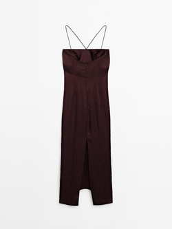 Massimo Dutti Платье миди из атласа с драпировкой, бордовый