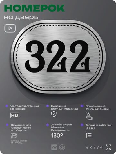 Номерок на дверь квартиры 322, для кабинета, офиса, шильдик 9 х 7 см, брашированная сталь, Айдентика Технолоджи