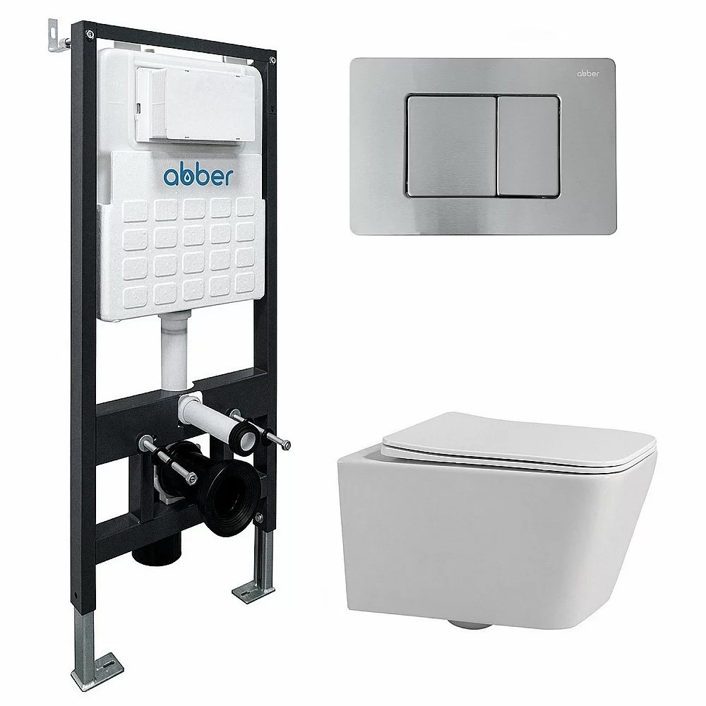 Унитаз подвесной Abber Rechteck AC1201-AC0105-AC0120MCH белый, безободковый, с инсталляцией, с крышкой микролифт, с кнопкой хром матовый