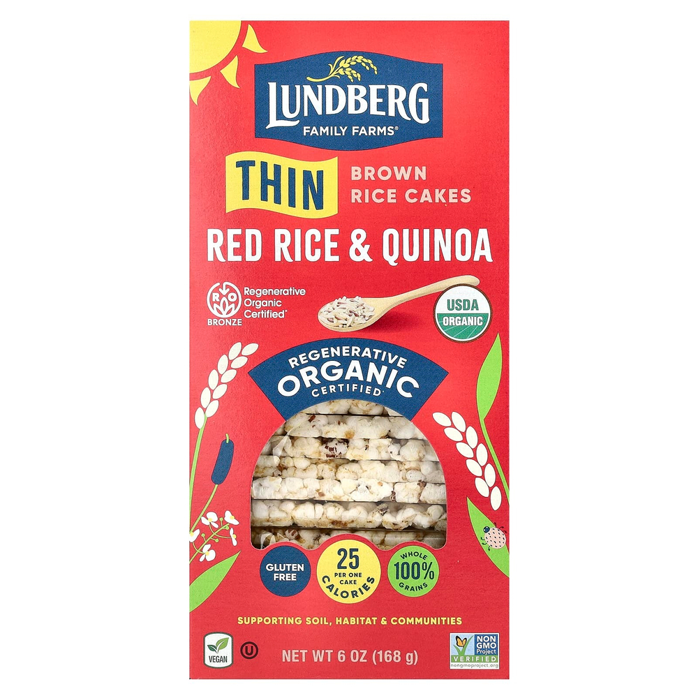Lundberg, Organic Thin Stackers, злаковые хлебцы, красный рис и киноа, без соли, 24 рисовых хлебца, 168 г (6 унций)
