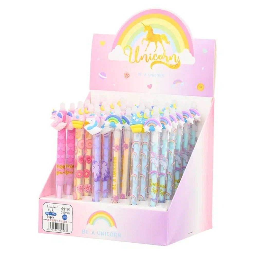 Ручка гелевая, пиши-стирай, автоматическая, Basir, синие чернила, серия "Единорог", цветной корпус с фигуркой, 36 шт