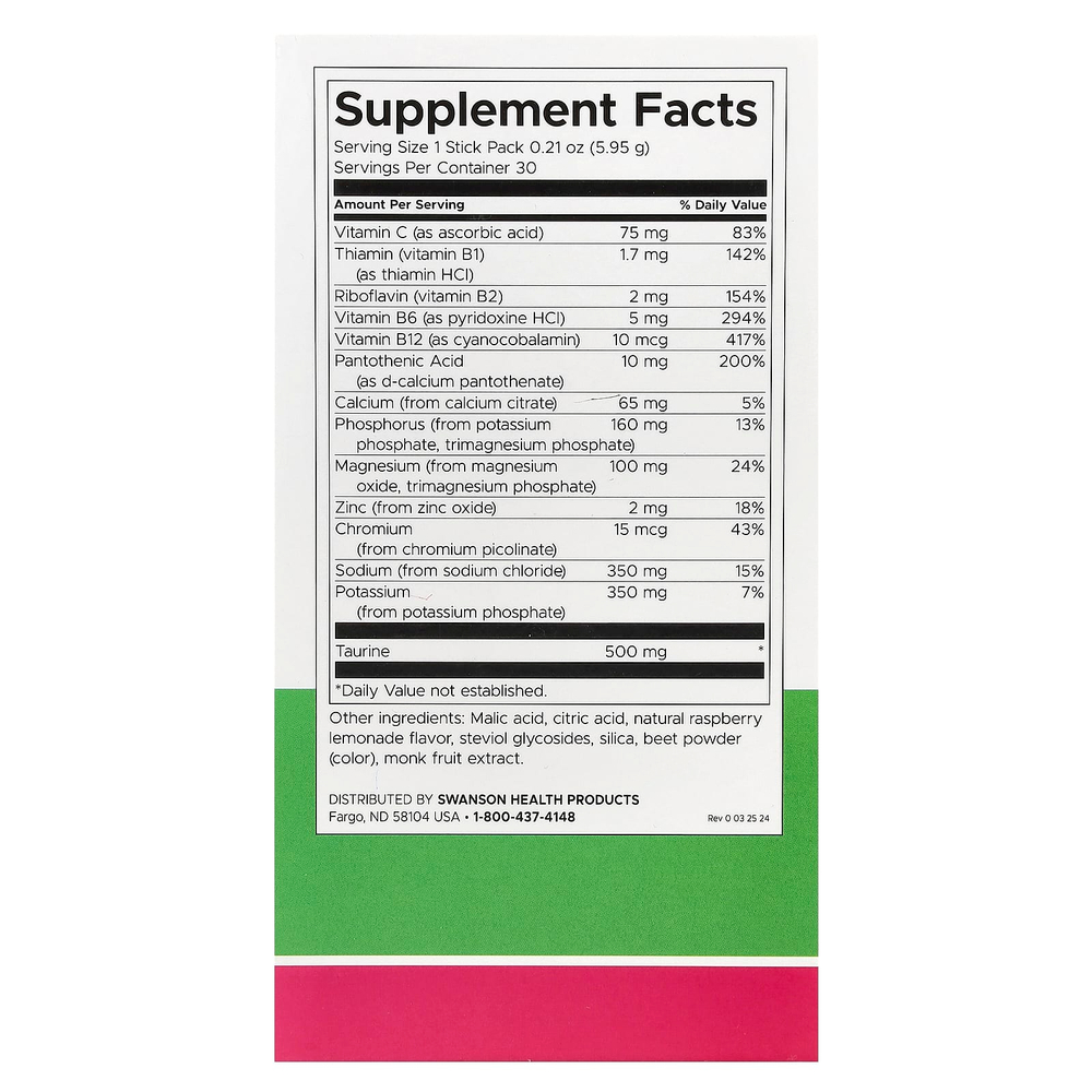 Swanson, Simply Hydrate, смесь для гидратации электролитов, малиновый лимонад, 30 пакетиков по 5,95 г (0,21 унции)