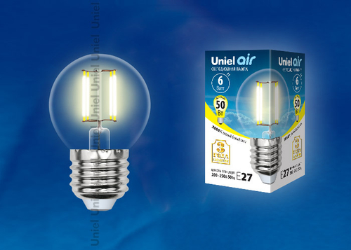 LED-G45-6W/WW/E27/CL GLA01TR Лампа светодиодная. Форма шар, прозрачная. Серия Air. Теплый белый свет (3000K). Картон. ТМ Uniel