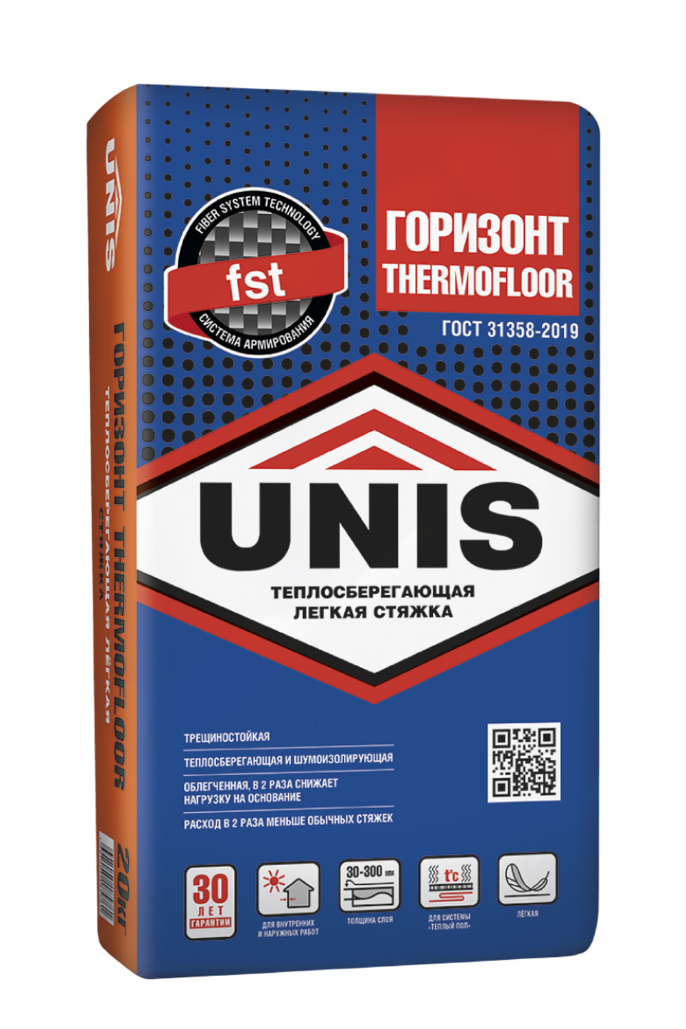Стяжка для пола UNIS ГОРИЗОНТ THERMOFLOOR теплосберегающая армированная легкая 20 кг