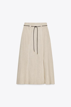 ZARA ЮБКА-МИДИ С РЕМНЕМ И ЛЬНОМ, ПЕСОЧНЫЙ